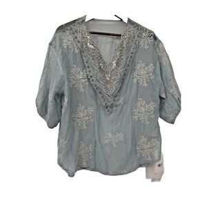 Sheer Blouse Blue Floral beaded rhinestone tunic cover up V-neck festival boho